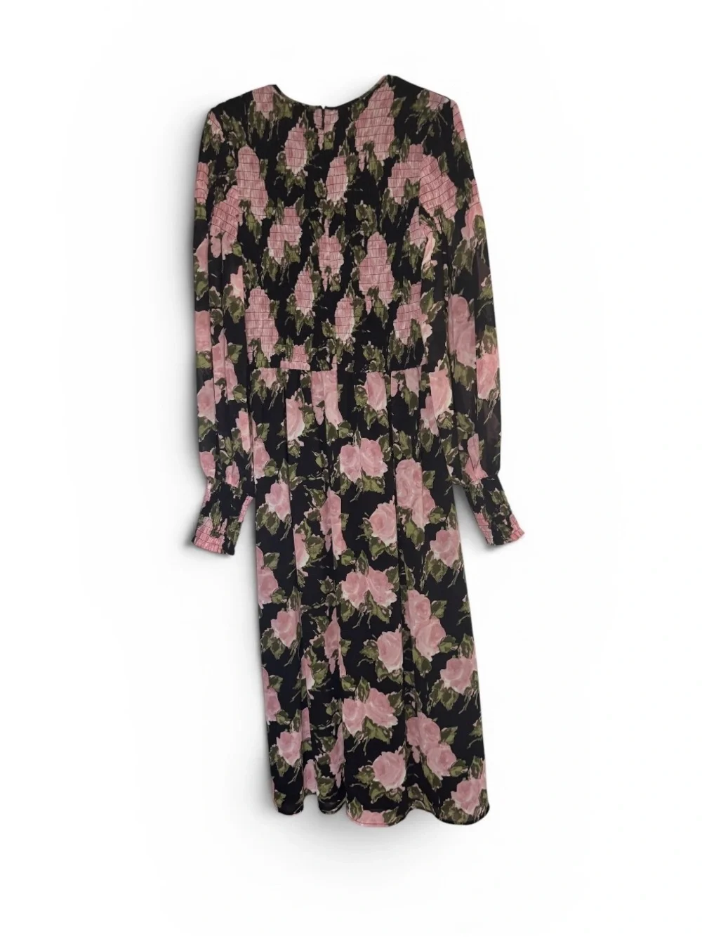 WAYF Floral Smocked Midi Dress Women’s Small Black Pink Rose Long Sleeve Lined